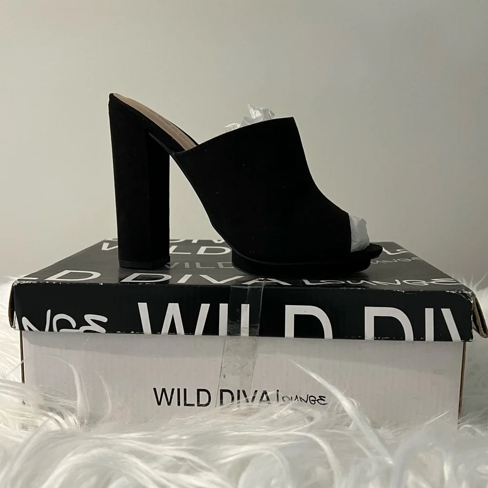 Wild Diva Black Suede High Block Heel Wedge Mule